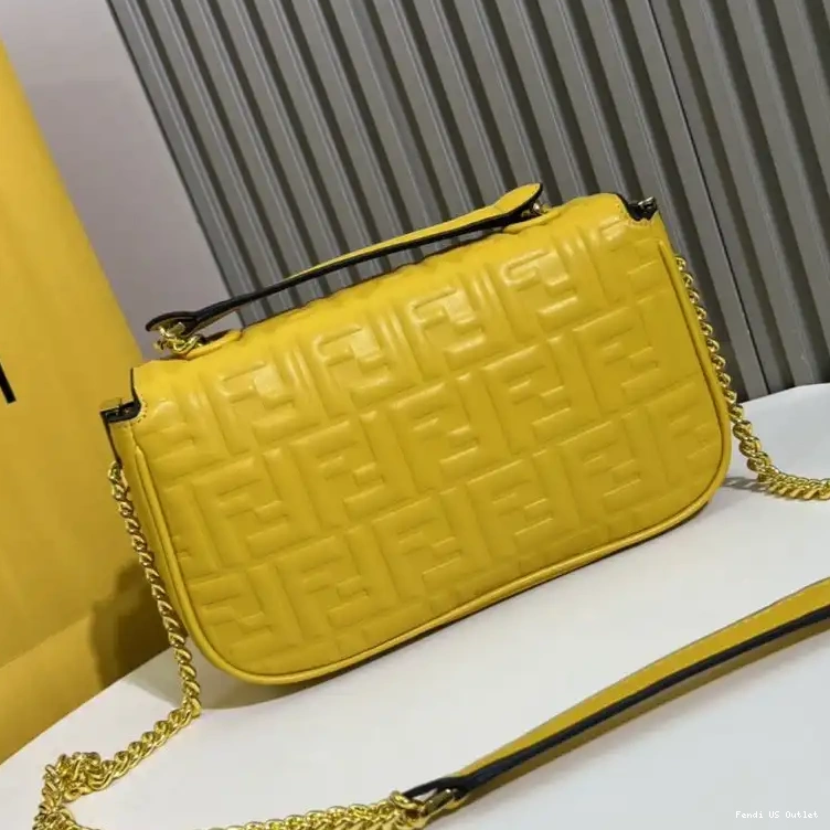 Cheap HOT Leather Motif In Nappa Fendi FF Chain Baguette Yellow Midi Bag 0615